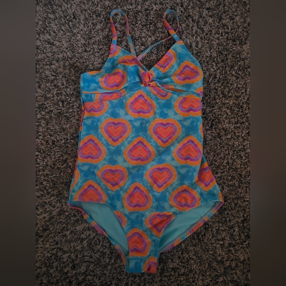 Lands' End Blue & Orange Heart Kids Swimsuit, Size 8